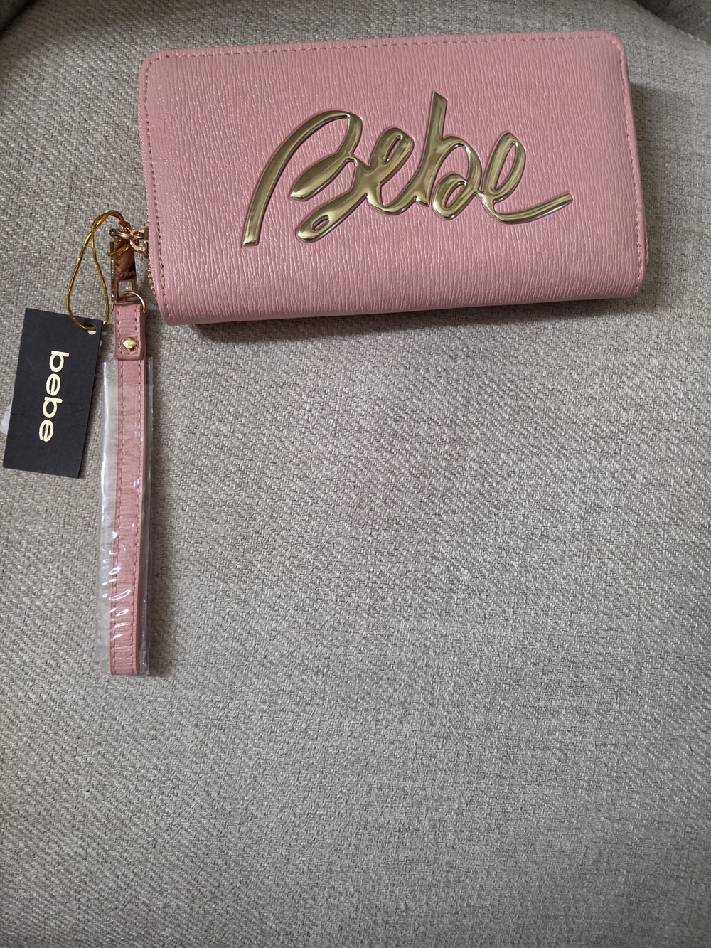 NWT bebe Pink Wristlet Clutch with Gold Logo Accent